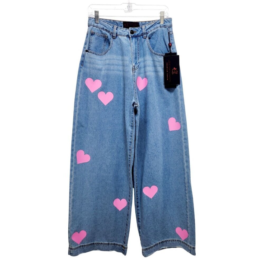 Love For Humanity Womens High-Rise Wide-Leg Jeans Pink Heart Accents Size 7/ 28